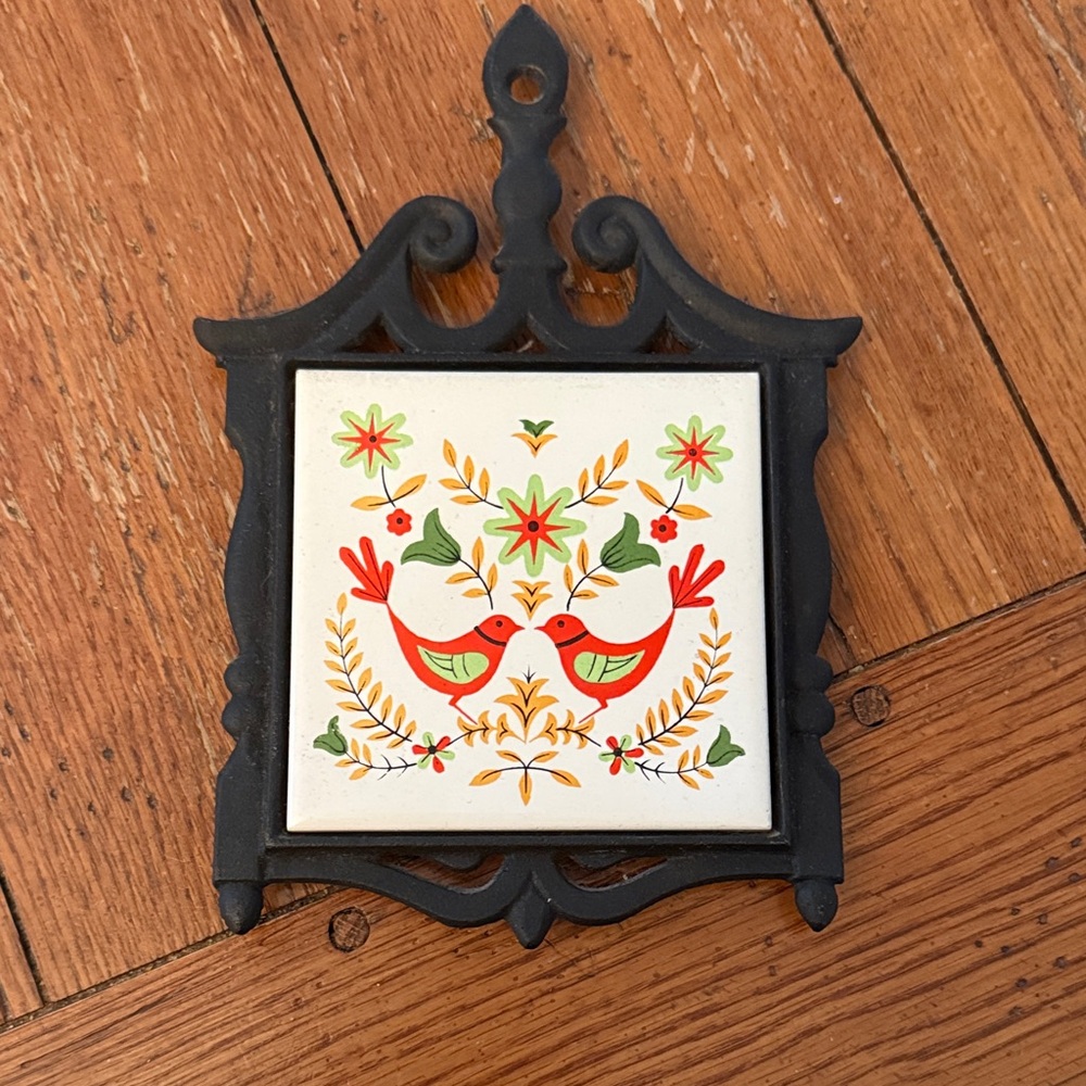 Vintage Tile Trivet with Birds and Flowers Design